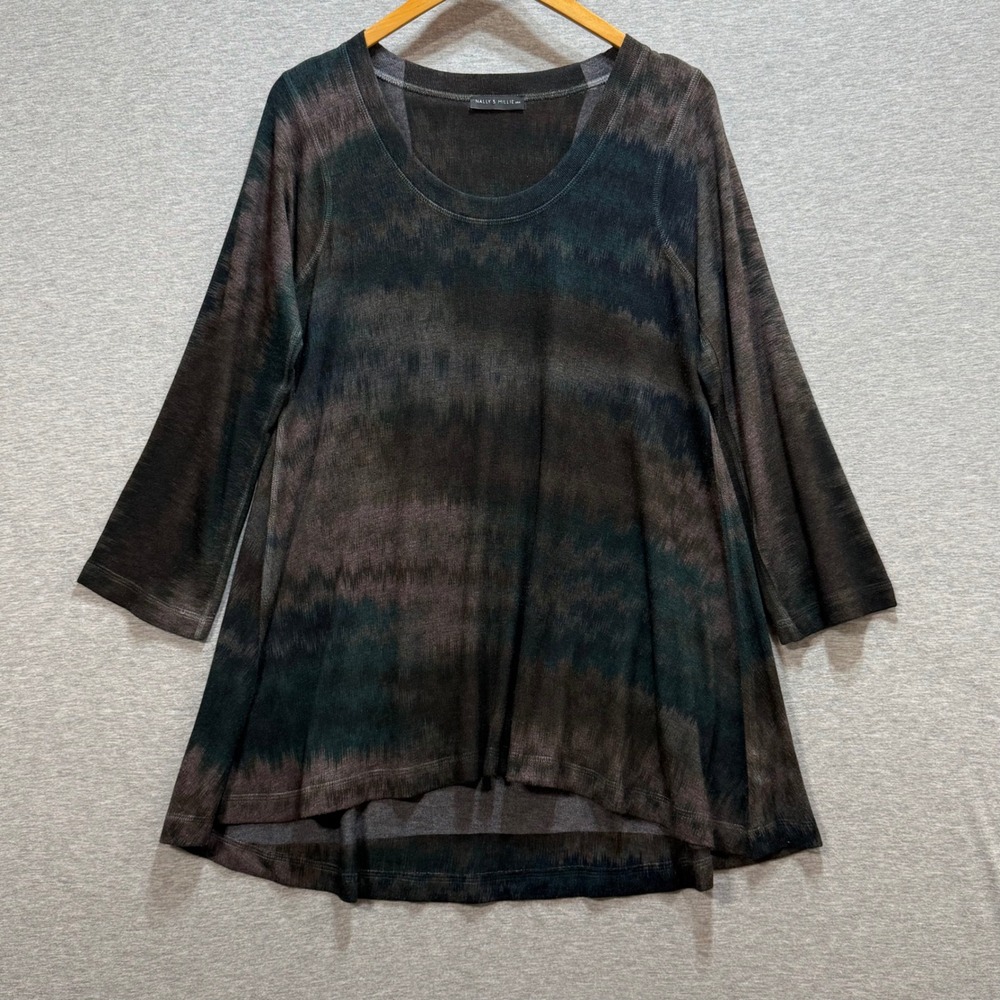Nally & Millie Tunic Top Women XS Brown Space Dye 3/4 Sleeve Scoop Neck Boho